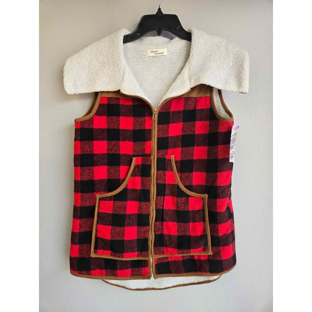 Cozy Buffalo Plaid Sherpa Lined Vest - Million Bullpup